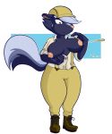  2018 4_fingers animal_crossing anthro big_breasts blue_fur blue_hair breasts button_(fastener) button_pop clothed clothing crossgender digital_media_(artwork) female flat_cap freepancakes fur hair hat headwear hi_res kicks_(animal_crossing) mammal mephitid nintendo nipples overalls simple_background skunk solo standing thick_thighs video_games wardrobe_malfunction wide_hips 