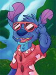  2018 3:4 4_fingers alien anthro anthrofied blue_nose clothed clothing digital_drawing_(artwork) digital_media_(artwork) disney experiment_(species) eyewear fluffy freckles hawaiian_shirt head_tuft kranch lilo_and_stitch neck_tuft open_mouth open_smile shirt smile solo stitch sunglasses tropical tuft 