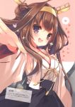  :d absurdres bangs blush breasts brown_hair cleavage detached_sleeves eyebrows_visible_through_hair fingernails hand_on_own_chest headgear heart highres japanese_clothes kantai_collection kongou_(kantai_collection) long_hair machinery medium_breasts nontraditional_miko open_mouth p19 pink_background scan shiny shiny_hair simple_background smile solo upper_body wide_sleeves 