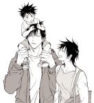  2boys bag blush cardigan carrying_over_shoulder closed_eyes commentary_request family fushiguro_megumi fushiguro_touji grabbing_another's_hair greyscale happy height_difference holding_another's_hair hood hood_down hoodie jj59u jujutsu_kaisen looking_at_another megumi's_mother_(jujutsu_kaisen) monochrome multiple_boys open_clothes open_hoodie scar scar_on_face scar_on_mouth shirt shoes shorts shoulder_bag simple_background smile spiked_hair toddler upper_body white_background 