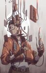  1boy belt black_gloves black_hair bomber_jacket cassette_tape closed_eyes commentary cowboy_shot disco_elysium english_commentary facial_hair facing_to_the_side fingerless_gloves glasses gloves highres jacket kim_kitsuragi male_focus mechabare mustache_stubble orange_jacket parted_lips shirt shirt_tucked_in short_hair solo spool stubble wenny02 white_shirt 