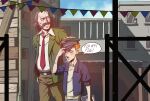  2boys asd4486 bags_under_eyes belt blazer blue_jacket brown_hair bunting collared_shirt commentary cuno day disco_elysium english_commentary english_text facial_hair freckles green_jacket grin hand_in_pocket hand_on_own_hat harry_du_bois hat height_difference highres jacket multiple_boys mutton_chops necktie open_mouth outdoors police_hat red_necktie shirt shirt_tucked_in short_hair sideburns smile source_quote walking white_shirt 