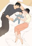  1girl 2boys black_pants closed_eyes closed_mouth commentary_request family full_body fushiguro_megumi fushiguro_touji futon highres jj59u jujutsu_kaisen long_sleeves lying megumi's_mother_(jujutsu_kaisen) multiple_boys on_side pants scar scar_on_face scar_on_mouth short_hair sleeping sleeves_pushed_up spiked_hair 