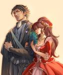  1girl black_hair bracelet brown_hair couple dancer dress e_f_regan826 fan gloves hetero jewelry long_hair necklace octopath_traveler olberic_eisenberg ponytail primrose_azelhart scar short_hair simple_background smile 