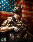  anthro armor bad_trigger_discipline body_armor canine cigarette dog eyewear flag gun hi_res holding_object holding_weapon jsa-arts male mammal patriot ranged_weapon rifle smoking solo standing sunglasses united_states_of_america weapon 