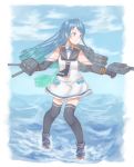  adapted_turret az_toride bangs black_legwear black_neckwear blue_eyes blue_hair blue_sky cannon cloud commentary_request day elbow_gloves full_body gloves gradient_hair kantai_collection long_hair multicolored_hair neckerchief outdoors outstretched_arms sailor_collar samidare_(kantai_collection) school_uniform serafuku shirt sky sleeveless sleeveless_shirt solo standing standing_on_liquid swept_bangs thighhighs turret very_long_hair 