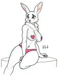  2018 anthro bare_shoulders big_breasts big_thighs biped blush breasts clothing confusion covered_nipples eyebrows eyelashes female fur haibet humanoid_hands lagomorph long_ears mammal nipple_tape panties pasties rabbit simple_background solo tape thick_thighs traditional_media_(artwork) underwear voluptuous white_background wide_hips 