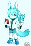 2017 anthro blue_eyes blue_fur blue_hair checkered_background clothed clothing cub devil-vox digital_media_(artwork) dragon footwear fur hair horn magic_user male multicolored_fur pattern_background shoes shorts simple_background sneakers two_tone_fur watermark white_fur young 