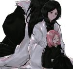  1boy 2girls anima_tion_1 black_hair black_hakama bleach bleach:_sennen_kessen-hen blue_eyes braid closed_eyes hakama haori height_difference highres japanese_clothes kusajishi_yachiru long_hair medium_hair multiple_girls open_mouth pink_hair shihakusho sitting sitting_on_lap sitting_on_person size_difference smile taichou_haori unohana_retsu white_haori zaraki_kenpachi 