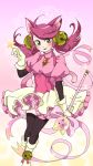  1girl animal_ears bell boots cat_ears cat_tail gloves green_eyes jingle_bell long_hair mad_mew_mew magical_girl pink_hair pink_ribbon puffy_short_sleeves puffy_sleeves ribbon short_sleeves skirt smile solo tail undertale white_boots white_gloves 