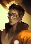  1boy :/ absurdres aegyo_sal bloodshot_eyes bomber_jacket brown_hair buzz_cut disco_elysium facial_hair glasses half-closed_eye highres jacket kim_kitsuragi looking_to_the_side male_focus mustache_stubble orange_jacket raised_eyebrow shirt short_hair solo stubble ultra-baklan-the-ovosh upper_body very_short_hair white_shirt 