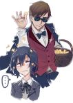  1boy 1girl basket black_hair blush bow bowtie brown_hair flower hair_between_eyes hair_ornament jacket long_hair long_sleeves meme mizuno_ai red_eyes salt_bae_(meme) school_uniform short_hair smile spoken_ellipsis sunglasses tatsumi_koutarou walzrj zombie_land_saga 