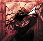  1other against_glass black_hair black_shirt blood blood_splatter broken_glass censored censored_identity clenched_hand commentary crazy_grin glass hand_on_glass holding holding_knife knife long_hair mirror original other_focus red_theme reflection reflection_focus revol4357 shirt solo upper_body 