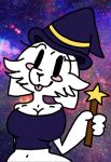  2018 anthro big_breasts blush breasts clothed clothing digital_media_(artwork) eyelashes feline female hat holding_object kittymashedpotatoes looking_at_viewer magic_user mammal navel partially_clothed smile solo solo_focus tongue tongue_out toony witch witch_hat 