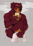  2018 anthro biceps bigroundlion canine cellphone covering covering_crotch dog male mammal musclegut muscular muscular_male navel nipples nude pecs phone portrait red_eyes rottweiler selfie smile solo steam three-quarter_portrait towel 