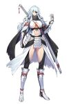  1girl abs absurdres armor black_gloves black_scarf blue_eyes blue_hair breasts clothing_cutout commentary_request commission eyepatch faulds full_body gauntlets gloves highres large_breasts long_hair looking_at_viewer mytea_(soso) navel original prosthesis prosthetic_arm scarf sheath sheathed shin_guards shoulder_armor skeb_commission solo standing sword tassel thigh_cutout waist_cape weapon weapon_on_back 