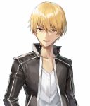  black_jacket blonde_hair collarbone dress_shirt eyebrows_visible_through_hair fate/stay_night fate_(series) gilgamesh hair_between_eyes jacket looking_at_viewer male_focus momoko_(momopoco) open_clothes open_jacket red_eyes shiny shiny_hair shirt smile solo upper_body white_shirt 