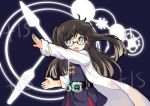  :d absurdres belt belt_buckle black-framed_eyewear black_belt blue_dress blue_eyes blush braid brown_hair buckle dress fang girls_frontline glasses hair_ornament hairclip highres jiang-ge kamen_rider kamen_rider_zi-o kamen_rider_zi-o_(series) labcoat long_hair looking_at_viewer open_mouth outstretched_arm pleated_dress semi-rimless_eyewear smile solo standing two_side_up type_59_pistol_(girls_frontline) under-rim_eyewear v-shaped_eyebrows very_long_hair 