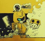  aiming aiming_at_viewer arm_mounted_weapon black_background commentary green_eyes highres humanoid_robot looking_at_viewer medarot metabee no_humans robot smoke solo ten_(prop03) two-tone_background upper_body yellow_background 
