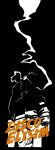  1boy asd4486 bomber_jacket cigarette commentary copyright_name cowboy_shot disco_elysium english_commentary faceless frank_miller_(style) glasses hand_on_own_hip highres holding holding_cigarette jacket kim_kitsuragi male_focus outline parody silhouette smoke smoke_trail solo spot_color style_parody 