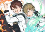  2boys arm_up black_gloves brown_hair chinese_commentary clenched_hand closed_mouth commentary_request earrings ensemble_stars! fire fua1heyvot4ifsr gloves green_eyes hair_between_eyes highres jewelry layered_clothes long_sleeves looking_at_viewer male_focus mixed-language_commentary morisawa_chiaki multiple_boys official_alternate_costume one_eye_closed open_mouth partial_commentary red_eyes short_hair smile takamine_midori teeth upper_teeth_only 