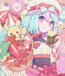  1girl aqua_hair bare_shoulders basket bellibolt beret blush bow bow-shaped_hair box breasts buttons closed_mouth commentary_request cup double-breasted food hair_between_eyes haru_(haruxxe) hat heart heart-shaped_box heart-shaped_food highres holding holding_cup iono_(pokemon) long_hair looking_at_viewer magnemite pikachu pink_eyes pink_hair pokemon pokemon_sv red_bow small_breasts smile tongue tongue_out valentine watermark white_hat 