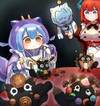  2girls absurdres apron blue_eyes blue_hair commentary_request dragon_girl dragon_horns dragon_tail food hair_between_eyes hatano_kiyoshi highres holding holding_food horns japanese_clothes kimono kitchen_dragonmaid laundry_dragonmaid long_sleeves maid multiple_girls orange_eyes puffy_long_sleeves puffy_sleeves purple_kimono red_hair sweat tail wa_maid white_apron yu-gi-oh! yummy_snatchy 