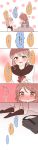  :| ahoge bag bangs black_legwear blush bow bowl braid brown_eyes brown_hair closed_eyes closed_mouth comic grey_hoodie hair_bow heart_ahoge highres holding holding_bowl kneehighs kneeling long_sleeves looking_at_another love_live! love_live!_sunshine!! minori_748 multiple_girls no_shoes open_mouth red_eyes school_bag short_hair sick side_braid sweatdrop takami_chika translation_request under_covers watanabe_you white_bow 