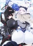  2girls ass back black_bodysuit black_hair blue_archive blush bodysuit breasts chinese_commentary commentary_request covered_nipples gloves grey_jacket gun hair_ornament hair_tubes halo head-mounted_display high_ponytail highres himari_(armed)_(blue_archive) himari_(blue_archive) hover_bike jacket large_breasts long_hair long_sleeves looking_at_viewer looking_back mixed-language_commentary multiple_girls open_mouth partial_commentary pointy_ears ponytail purple_eyes red_eyes rio_(armed)_(blue_archive) rio_(blue_archive) sidelocks thighs weapon white_bodysuit white_gloves white_hair xiujia_yihuizi 