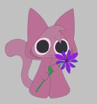 :3 absurd_res cloak clothed clothing domestic_cat felid feline felis flower gooblie_2 grey_background hi_res holding_flower holding_object holidays isaac_(gooblie_ii) looking_at_viewer male mammal pink_body pink_clothing pink_sclera plant silly simple_background solo tail valentine's_day