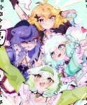  1girl 3am 4girls ahoge animal_ears aqua_shirt black_gloves blonde_hair blue_eyes blue_hair blush bow densetsu.exe dokibird dress fang feather_hair ferret_ears ferret_girl food fruit gloves gradient_hair green_dress green_eyes green_hair green_sleeves hair_bow hair_ornament hairband hashtag-only_commentary highres indie_virtual_youtuber jacket jewelry laimu_(vtuber) lime_(fruit) lime_slice long_hair looking_at_viewer maid_headdress mint_fantome multicolored_hair multiple_girls neckerchief necklace open_mouth orange_neckerchief overalls pink_overalls pointy_ears raccoon_ears raccoon_girl shirt short_hair skin_fang smile snuffy_(vtuber) tongue tongue_out triangular_headpiece troubleshooter_bun twintails two-tone_hair v virtual_youtuber white_hair x_hair_ornament 