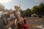 3:2 3d_(artwork) 5_fingers absurd_res anthro balls biped black_claws black_nose blender_(artwork) blender_cycles_(artwork) blue_eyes brown_body brown_fur canid canine canis car claws day detailed_background digital_media_(artwork) digitigrade dodge_challenger domestic_dog duo fellatio fingers fluffy fur genitals gloves_(marking) grass hair hi_res kneeling license_plate male male/male male_anthro mammal markings mutt_(wagnermutt) nude oral oral_penetration outside parking_lot pawpads paws penetration penile penis penis_in_mouth plant public public_sex realistic red_(red_wulfie) red_body red_fur red_wulfie sex sky street_lamp sun tail tree vehicle watermark whiskers white_body white_fur white_whiskers wolf