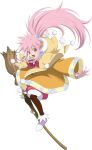  1girl arche_klein arche_klein_(snow_festival) black_pantyhose broom broom_riding brown_coat coat earrings fur-trimmed_coat fur-trimmed_hood fur-trimmed_shorts fur_trim game_cg gloves hair_ornament highres hood jewelry long_hair official_art open_mouth pantyhose pink_eyes pink_gloves pink_hair pink_shorts pom_pom_(clothes) ponytail purple_shoes rainbow_bracelet shoes shorts single_earring smile snowflake_hair_ornament snowman_ornament solo tales_of_(series) tales_of_asteria tales_of_phantasia transparent_background wide_ponytail 