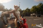 3:2 3d_(artwork) 5_fingers absurd_res animal_genitalia animal_penis anthro balls biped black_claws black_nose blender_(artwork) blender_cycles_(artwork) blue_eyes brown_body brown_fur canid canine canine_genitalia canine_penis canis car claws day detailed_background digital_media_(artwork) digitigrade dodge_challenger domestic_dog duo fellatio fingers fluffy fur genitals gloves_(marking) grass hair hi_res kneeling knot knot_root license_plate male male/male male_anthro mammal markings mutt_(wagnermutt) nude oral oral_penetration outside parking_lot pawpads paws penetration penile penis penis_in_mouth plant public public_sex realistic red_(red_wulfie) red_body red_fur red_wulfie sex sheath sky street_lamp sun tail tree vehicle watermark whiskers white_body white_fur white_whiskers wolf
