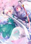  2girls adako_yunagi alternate_color alternate_hair_color black_hairband black_shoes black_skirt black_vest blush breasts cherry_blossoms closed_mouth commentary_request dual_persona dual_wielding falling_petals flower frilled_skirt frills green_skirt green_vest grey_hair hairband highres hitodama hitodama_print holding holding_sword holding_weapon katana konpaku_youmu konpaku_youmu_(ghost) konpaku_youmu_(mysterious_sword_master) long_sleeves looking_at_viewer mary_janes medium_breasts medium_hair multiple_girls petals pink_flower pink_petals print_skirt print_vest puffy_short_sleeves puffy_sleeves purple_eyes purple_hair purple_shirt red_eyes sheath shirt shoes short_sleeves skirt skirt_set smile socks sword touhou touhou_lostword twitter_username unsheathed vest weapon white_shirt youmu_day 