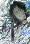  1boy absurdres blue_lotus chinese_clothes chinese_text closed_mouth facial_mark floating_hair flower forehead_mark green_eyes highres holding holding_weapon leaf lips long_hair lotus lotus_leaf male_focus original parted_bangs sheath shibahao_mianyang_lieche solo sword upper_body watermark weapon 
