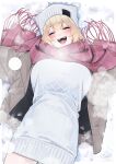  1girl :d blonde_hair blush breasts closed_eyes hair_ornament hairclip haru_(rerrere) hat highres huge_breasts jacket lying on_back open_clothes open_jacket original plaid_clothes plaid_scarf rerrere scarf smile snow solo sweater white_hat white_sweater 