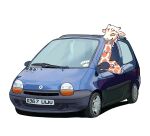 anthro car choker duo female fur giraffe giraffid happy hi_res horn inside_car inside_vehicle jewelry larger_female mammal necklace orange_body orange_fur ossicone pablovaa renault_twingo sitting sitting_in_car size_difference smile solo tan_body tan_fur vehicle