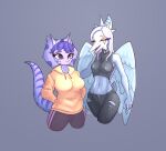 alexsavenije anthro big_breasts black_bottomwear black_clothing black_crop_top black_pants black_shirt black_topwear blue_body bone_frill bottomwear breasts ceratopsian ceratopsid chasmosaurine clothed clothed_anthro clothed_female clothing collar colored crop_top dinosaur duo elbow_feathers eyes_closed facial_horn fang_(gvh) feathered_wings feathers female fingers frill_(anatomy) front_view goodbye_volcano_high grey_background grey_body grey_feathers grey_hair hair happy hi_res hoodie horn humanoid_hands ko_op_(game_developer) laugh long_hair marginocephalian markings medium_breasts midriff navel non-mammal_breasts non-mammal_navel open_mouth open_smile ornithischian pants portrait prehistoric_species pterosaur purple_body purple_eyes purple_hair reptile scalie shirt short_hair simple_background smile spiked_collar spikes spots spotted_markings striped_markings stripes tail three-quarter_portrait topwear torn_bottomwear torn_clothing torn_pants triceratops trish_(gvh) wings yellow_clothing yellow_hoodie yellow_topwear