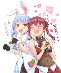  2girls :d absurdres animal_ears ascot bare_shoulders black_gloves black_leotard blue_hair blush braid braided_twintails breasts brooch can carrot_hair_ornament closed_eyes coat_dress commentary_request cropped_jacket detached_sleeves dress drunk food-themed_hair_ornament fur_scarf gloves gold_trim hair_ornament hair_ribbon haniwa_(leaf_garden) head_on_another's_shoulder highres holding holding_can hololive houshou_marine houshou_marine_(1st_costume) jacket jewelry leotard leotard_under_clothes long_hair looking_at_another medium_breasts multicolored_hair multiple_girls no_coat no_headwear orange_eyes pleated_skirt puffy_detached_sleeves puffy_short_sleeves puffy_sleeves rabbit_ears red_ascot red_hair red_jacket red_ribbon red_skirt ribbon scarf see-through_clothes see-through_leotard see-through_midriff short_sleeves sidelocks sideways_glance simple_background skirt sleeveless sleeveless_jacket small_breasts small_sweatdrop smile strapless strong_zero swept_bangs thick_eyebrows translation_request twin_braids twintails two-tone_hair usada_pekora usada_pekora_(1st_costume) virtual_youtuber white_background white_hair white_scarf 