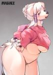  2018 absurd_res anthro big_breasts black_nose bottomless braided_hair breast_squish breasts canine clothed clothing dog female fluffy fluffy_tail fur hair hair_ornament hi_res kemono looking_at_viewer magiace mammal meme open_mouth red_eyes simple_background slightly_chubby smile solo thick_thighs twitter_hoodie under_boob white_fur white_hair 