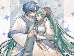  1boy 1girl adam_moonlit aqua_hair blue_eyes blue_hair blue_trim brother_and_sister capelet chinese_commentary colored_eyelashes commentary_request dress eve_moonlit evillious_nendaiki grey_eyes hair_ribbon hand_on_another's_arm hatsune_miku hetero holding_hands husband_and_wife incest jacket kaito_(vocaloid) long_hair ma_keikaku_(vocaloid) mui4ioqaak9436 red_ribbon ribbon siblings smile sparkle twins twintails very_long_hair vocaloid white_background white_capelet white_dress white_jacket 