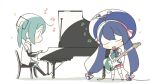  2girls ahoge aqua_hair audio_cable beamed_eighth_notes beamed_sixteenth_notes blue_hair blush_stickers bow braid cable chair chibi chibi_only closed_eyes closed_mouth commentary_request detached_sleeves eighth_note electric_guitar from_side grand_piano guitar hair_bow hat hatsune_miku instrument kneehighs long_hair long_sleeves low-braided_long_hair low-tied_long_hair multiple_girls music musical_note no_nose on_chair open_mouth otomachi_una piano playing_guitar playing_instrument playing_piano pleated_skirt puffy_short_sleeves puffy_sleeves shadow short_sleeves sitting skirt socks standing striped_bow torla16 twintails u_u vocaloid white_background white_socks |_| 