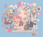  3girls @_@ apron bag bandaid bandaid_on_finger bandaid_on_hand black_sailor_collar black_shirt black_skirt blonde_hair blue_background blue_neckerchief blush bouryoku_hantai bow bowl bowtie box brown_hair chibi closed_mouth colored_eyelashes commentary dress earrings flipped_hair frilled_apron frills full_body gakuen_idolmaster gradient_hair grey_hair hair_ornament hairclip hands_up happy_mille-feuille_(idolmaster) hatsuboshi_gakuen_school_uniform heart heart-shaped_box heart_apron highres himesaki_rinami holding holding_bag holding_box idolmaster jewelry juo_sena kneehighs long_hair long_sleeves looking_at_viewer maid maid_apron multicolored_hair multiple_girls multiple_views neckerchief open_mouth orange_eyes parallel_hairclips pink_bow pink_bowtie plastic_bag pleated_skirt sailor_collar school_uniform serafuku shinosawa_hiro shirt shoes skirt sneakers socks stud_earrings sweat swept_bangs untranslatable_commentary upper_body valentine white_apron white_shirt white_shoes white_socks wrist_cuffs 