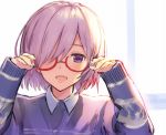  :d fate/grand_order fate_(series) glasses grey_sweater hair_over_one_eye haru_(hiyori-kohal) long_sleeves looking_at_viewer mash_kyrielight open_mouth pink_hair purple_eyes semi-rimless_eyewear short_hair smile solo sweater under-rim_eyewear upper_body white_background 