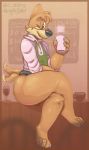  anthro beverage bottomless canine clothed clothing coffee eyewear glasses looking_at_viewer male mammal nargleflex smile solo thick_thighs 