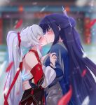  2girls ahoge blurry blush breasts closed_eyes colored_extremities depth_of_field detached_sleeves finger_claws hair_bun hair_ornament highres honkai_(series) honkai_impact_3rd hug kiana_kaslana kiana_kaslana_(ba-dum!_fiery_wishing_star) kiss kudayunii long_hair long_sleeves multiple_girls ponytail purple_hair raiden_mei raiden_mei_(xentinel:_dawnbearing_crescent) ribbon sidelocks snowing very_long_hair white_hair yuri 