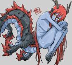  1girl barefoot black_nails blue_nipples blue_skin breasts chiwa_(fcwv5738) closed_mouth colored_eyelashes colored_nipples colored_skin commentary_request dragon_ears dragon_girl dragon_horns dragon_tail eastern_dragon_horns extra_legs feet from_side grey_background hair_between_eyes highres horns hugging_own_legs large_tail long_hair long_hair_between_eyes medium_breasts monster_girl nude original red_hair simple_background solo tail very_long_hair yellow_eyes 