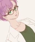  alternate_costume alternate_hairstyle chrono_cross chrono_trigger commentary_request dutch_angle eyelashes glasses green_eyes labcoat lips lucca_ashtear older purple_hair s-a-murai short_hair simple_background sketch solo upper_body 