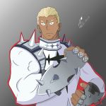  bad_anatomy closed_mouth dark_skin dark_skinned_male dated earrings forked_eyebrows frown gamagoori_ira grey_background highres jewelry kill_la_kill long_sleeves looking_at_viewer male_focus muscle platinum_blonde_hair red_outline self_upload serlex signature solo source_request thick_eyebrows upper_body 